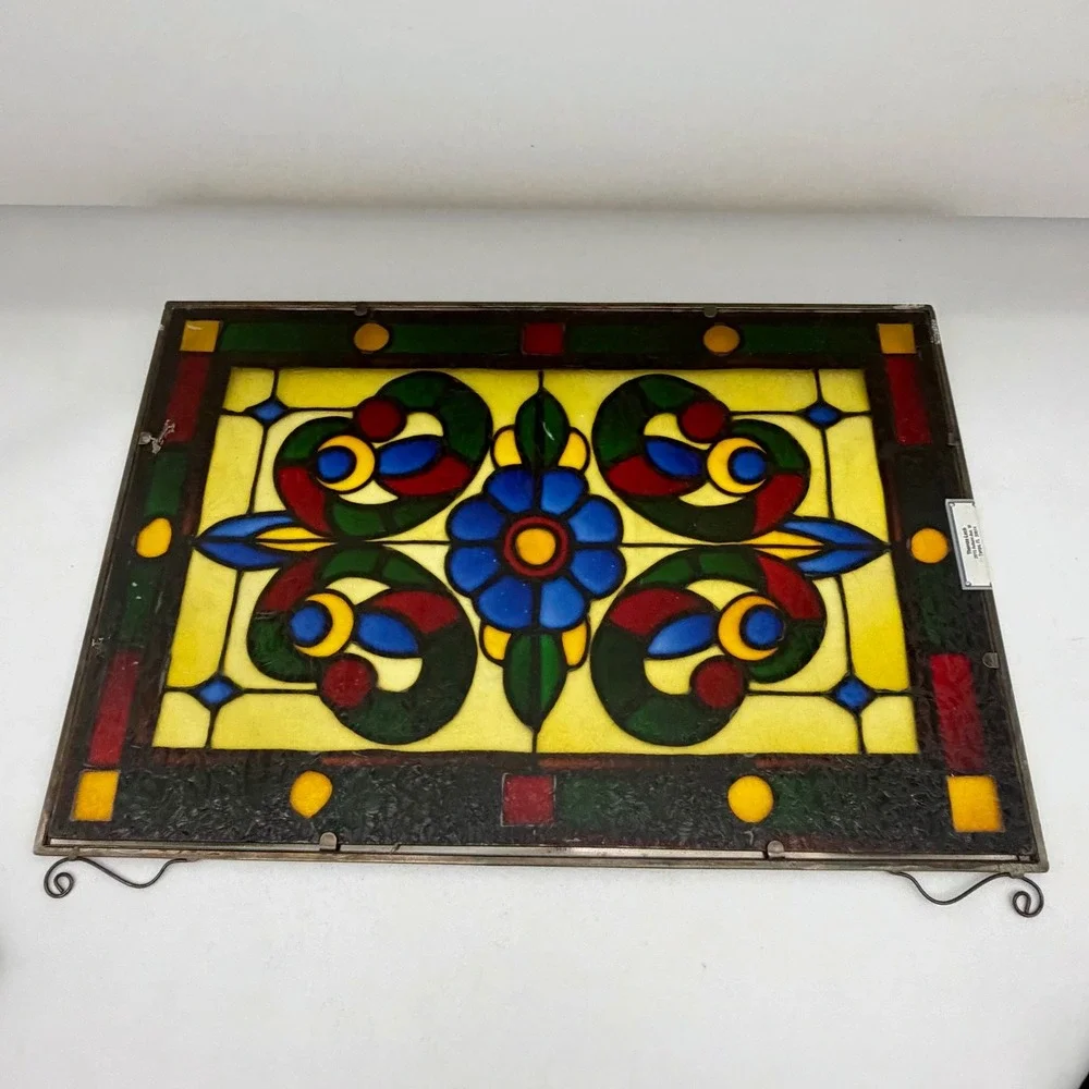 Vintage Stained Glass Window Panel Suncatcher Floral Leaded Metal Frame 18x12